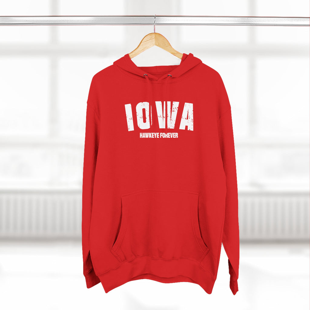 Red custom Iowa hoodie on a wooden hanger, white varsity IOWA lettering over HAWKEYE FOREVER
