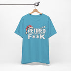 Heather Aqua Retired As F**K tee hanging on a wooden hanger, front print visible