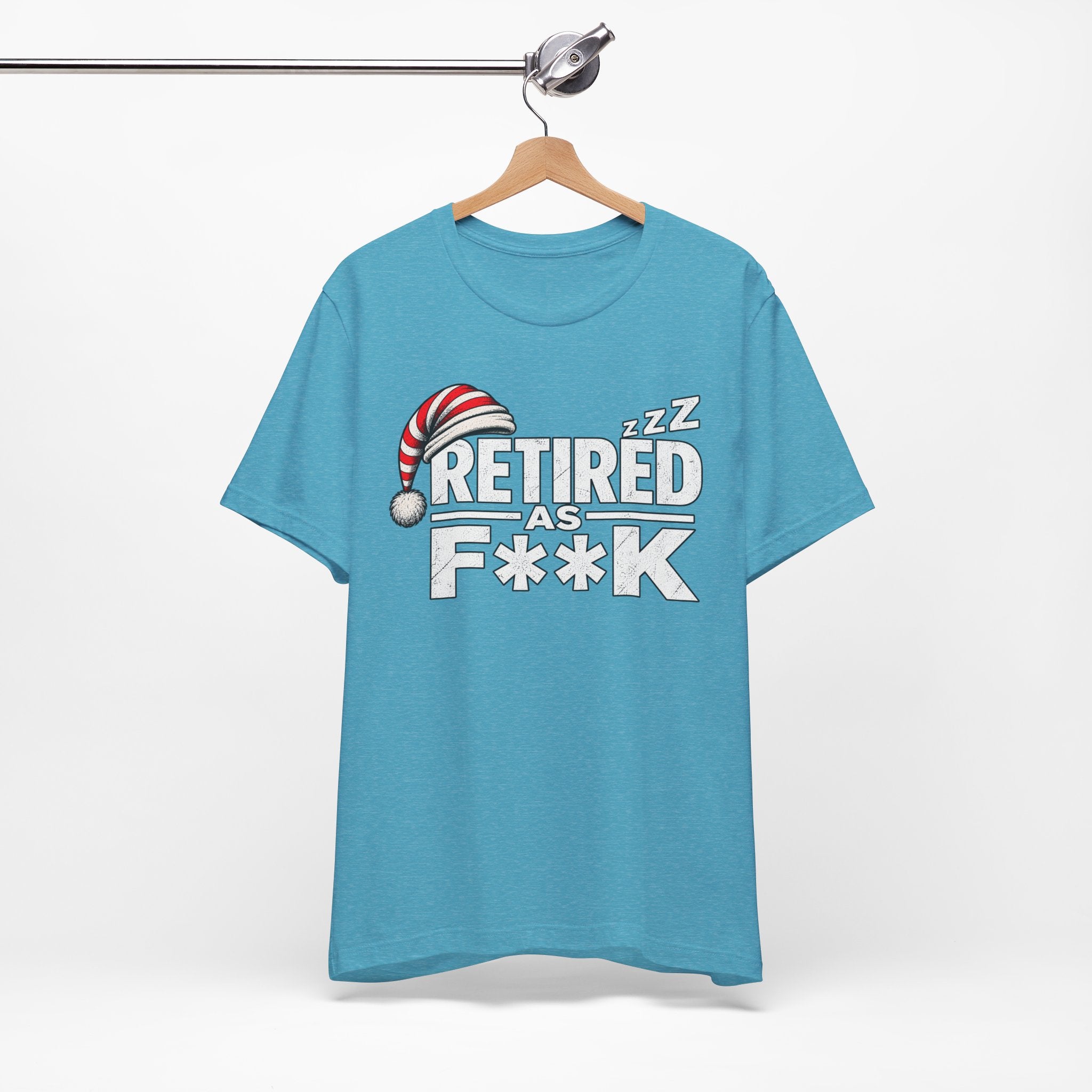 Heather Aqua Retired As F**K tee hanging on a wooden hanger, front print visible