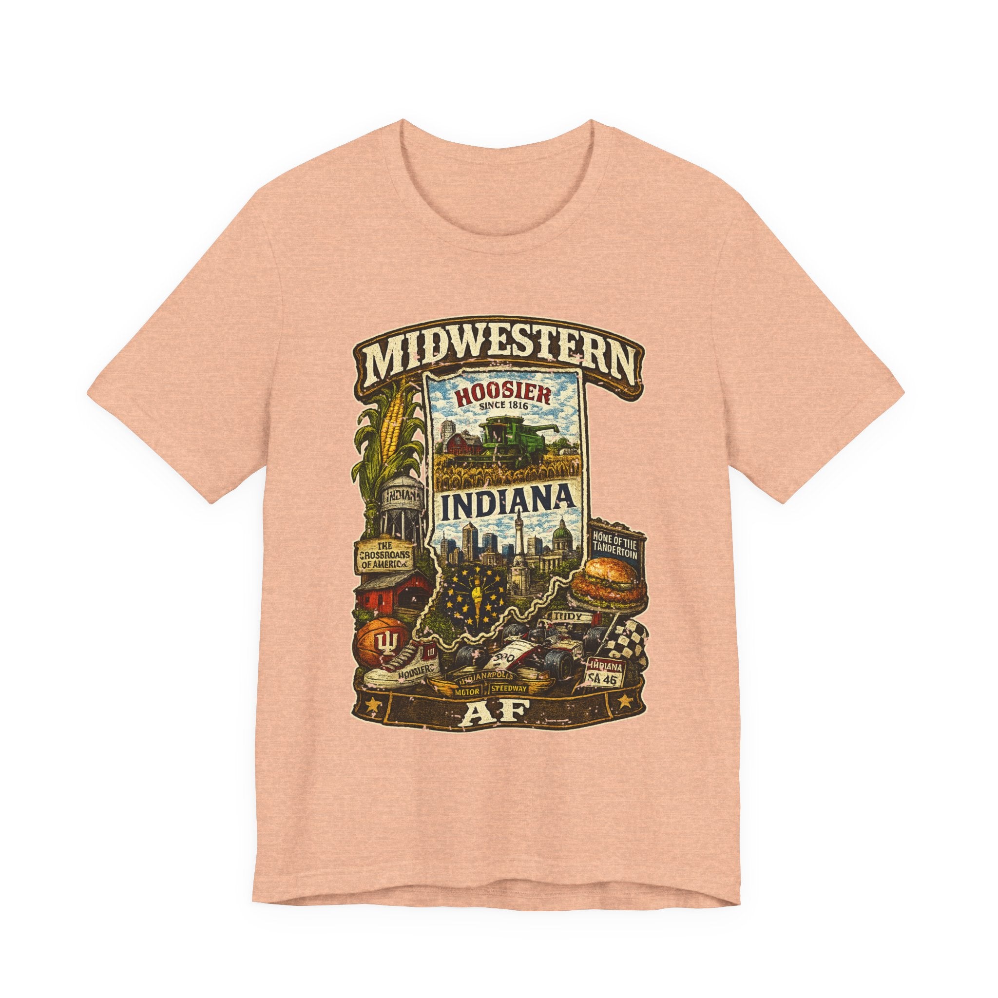Heather Peach Midwestern AF Indiana T-Shirt, family friendly Hoosier State pride tee