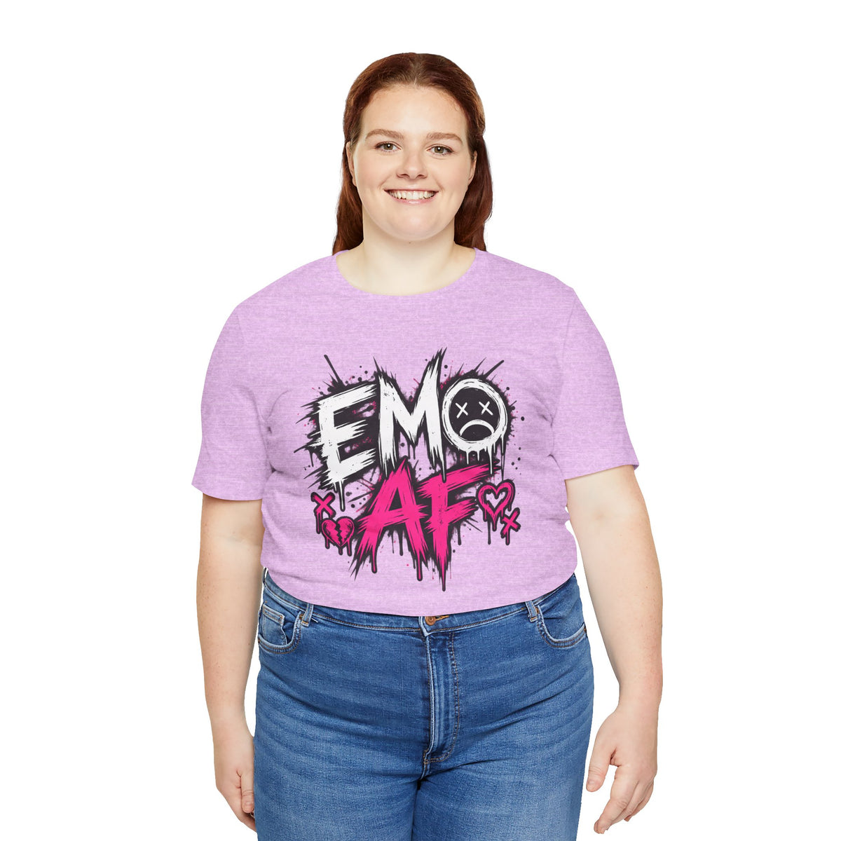 Woman wearing the Heather Prism Lilac EMO AF tee with jeans