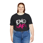 Woman wearing the Vintage Black EMO AF T-Shirt with jeans