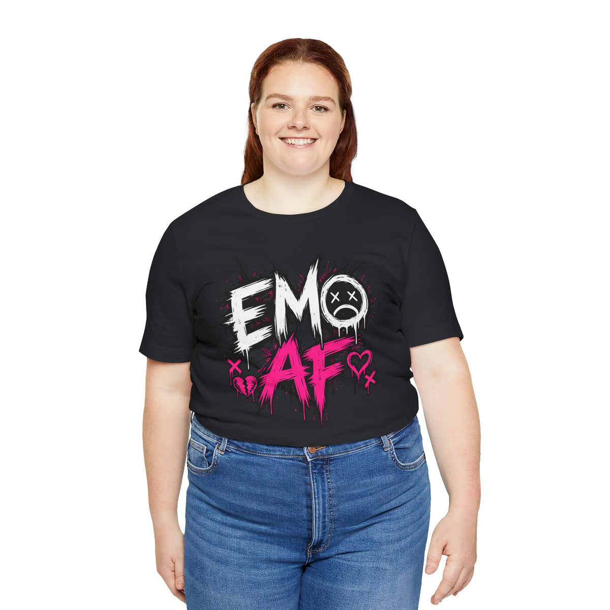 Woman wearing the Vintage Black EMO AF T-Shirt with jeans