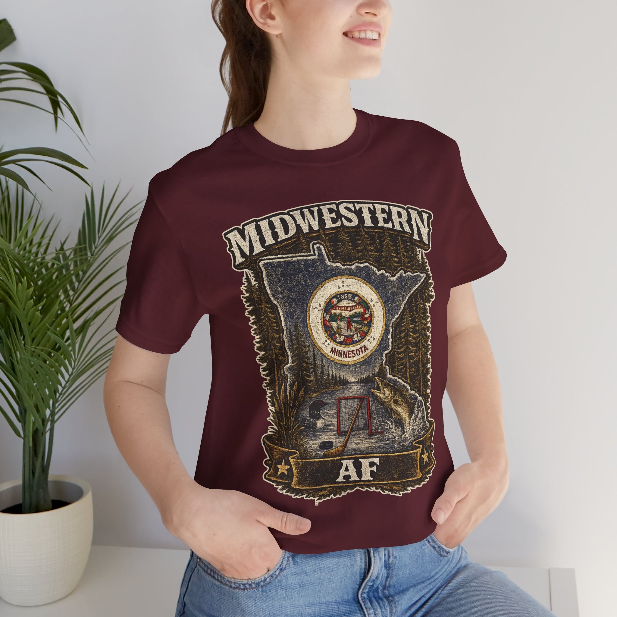 Family Friendly Midwestern AF Minnesota T-Shirt – product photo 15 featuring the distressed state flag, pine trees, loon and walleye design