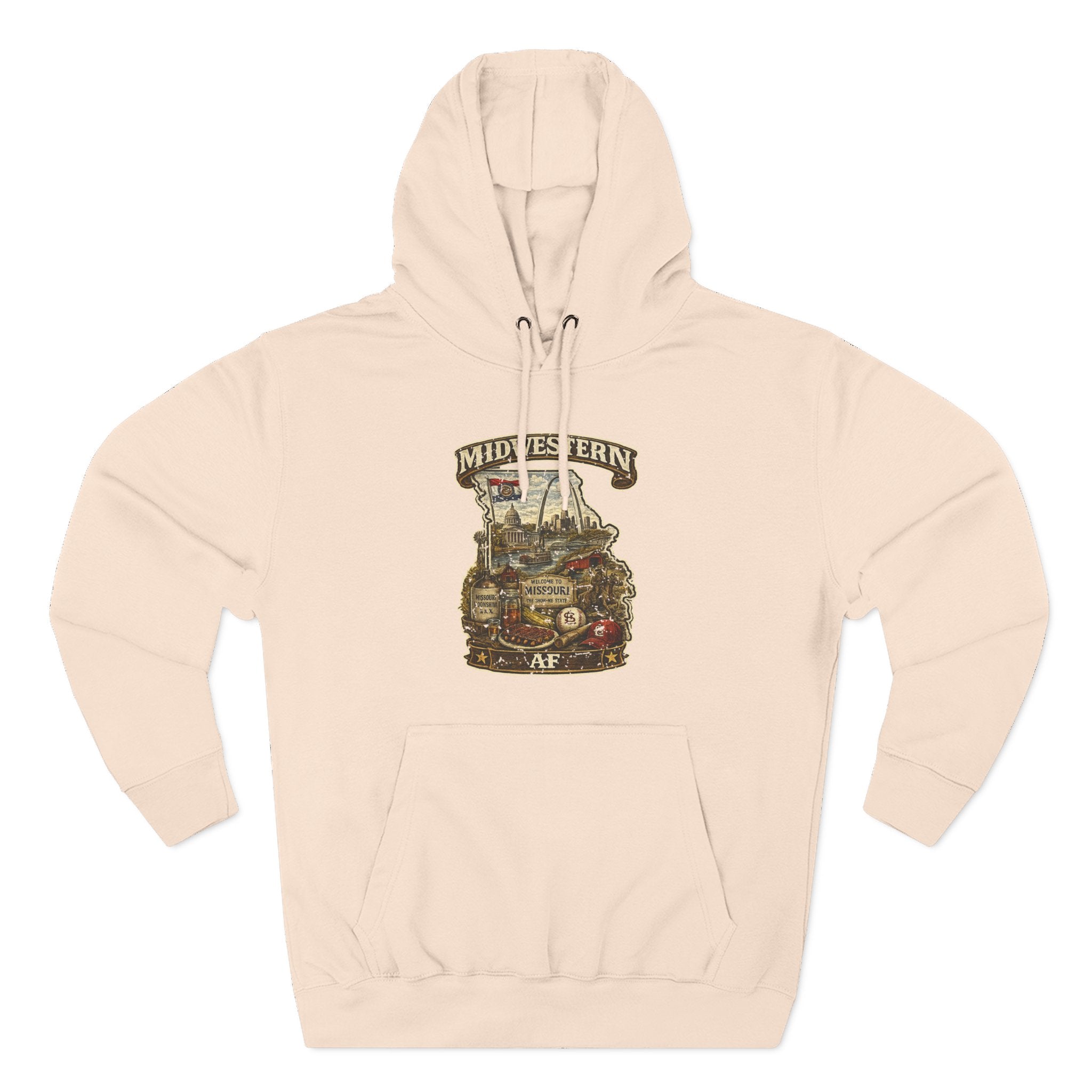 Missouri Midwestern AF hoodie in Pale Pink laid flat, vintage Show-Me State graphic design