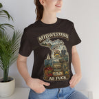 Midwestern As Fuck Michigan T-Shirt – product photo 6 featuring a distressed vintage design featuring Michigan's Upper and Lower Peninsulas overlaid with the state outline, surrounded by Detroit's skyline, Woodward Avenue, the Great Lakes, and Traverse City cherries