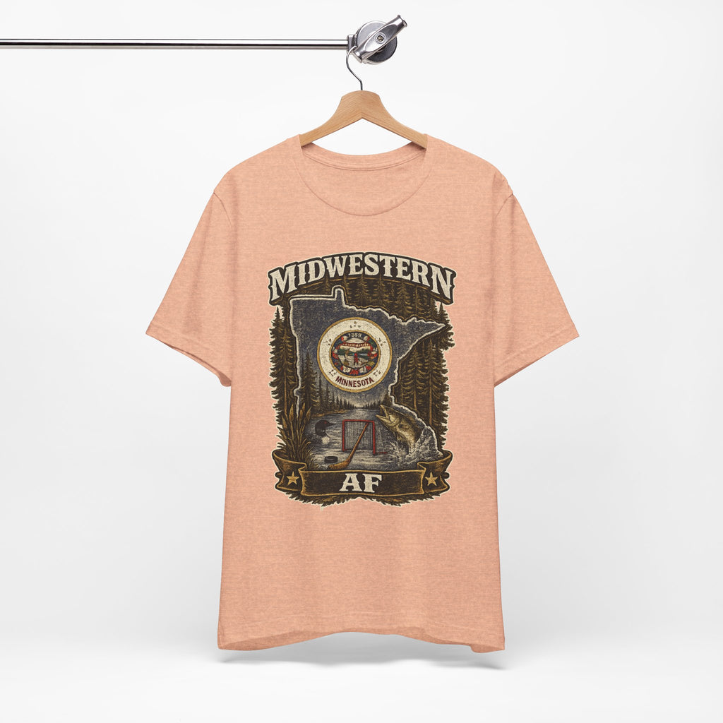 Family Friendly Midwestern AF Minnesota T-Shirt – product photo 9 featuring the distressed state flag, pine trees, loon and walleye design
