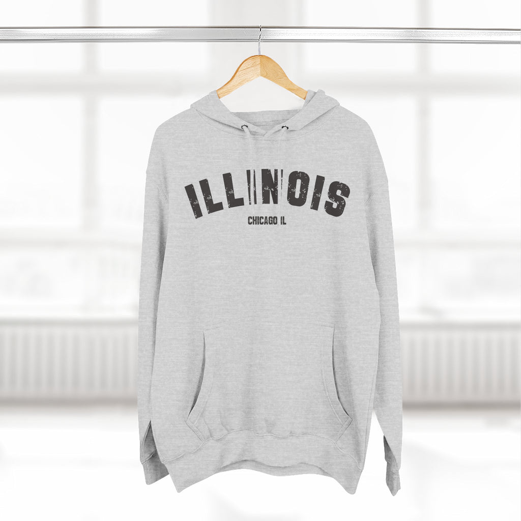 Heather Grey custom Illinois hoodie on a wooden hanger, charcoal varsity ILLINOIS above a Chicago IL line