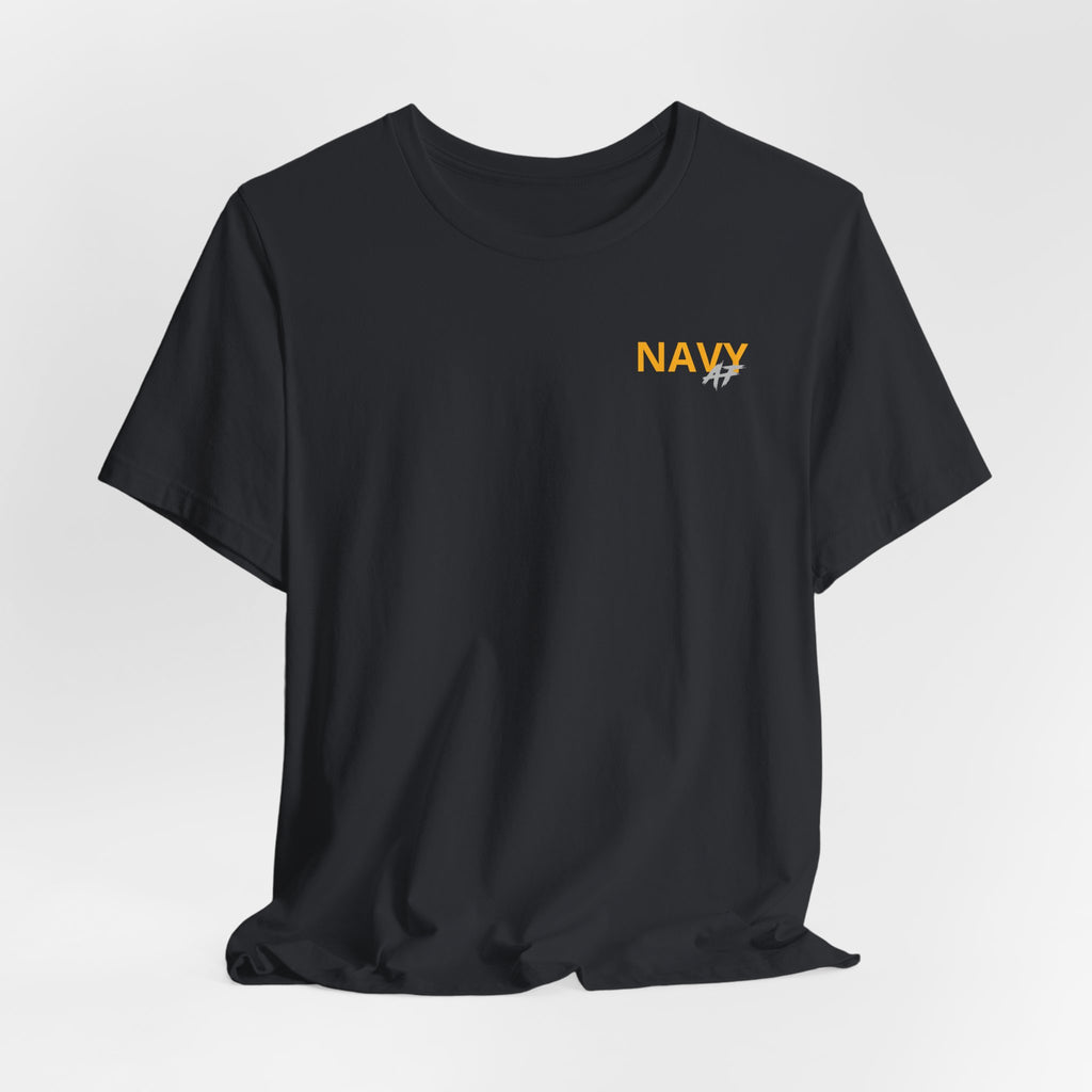 Navy veteran T-shirt in Vintage Black shown draped with the gold NAVY chest print
