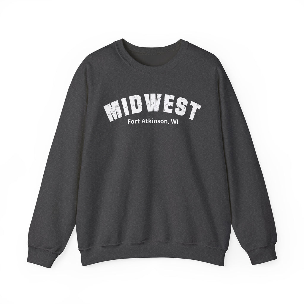 Dark Heather Midwest varsity sweatshirt laid flat with the personalized hometown line