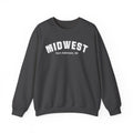 Dark Heather Midwest varsity sweatshirt laid flat with the personalized hometown line