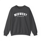 Dark Heather Midwest varsity sweatshirt laid flat with the personalized hometown line