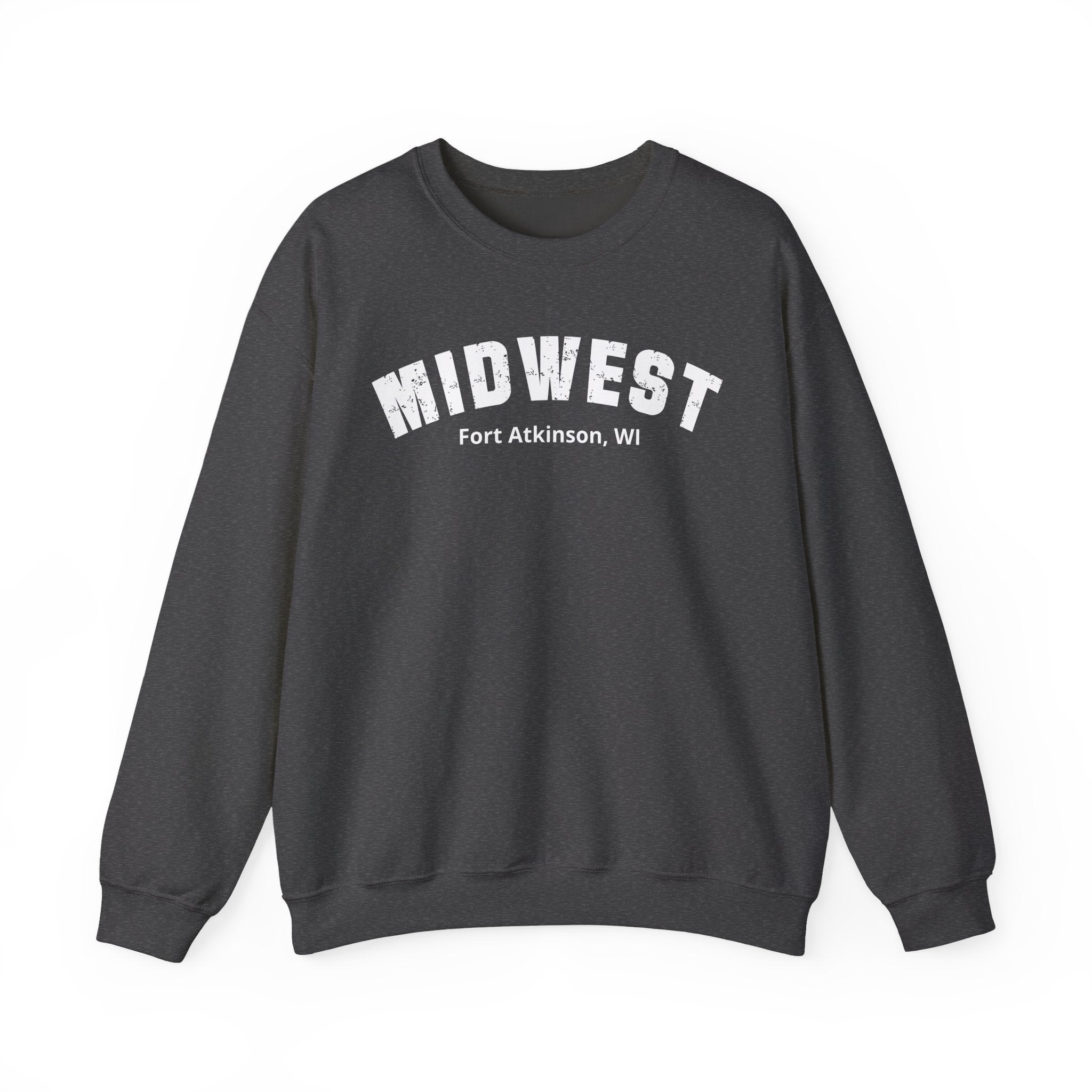 Dark Heather Midwest varsity sweatshirt laid flat with the personalized hometown line