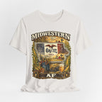 Family Friendly Midwestern AF Iowa T-Shirt – product photo 25 featuring a distressed vintage design featuring the outline of Iowa overlaid with the Iowa state flag, surrounded by towering corn stalks, rolling farmland, a classic red barn, a windmill, a tractor, and an overflowing harvest basket
