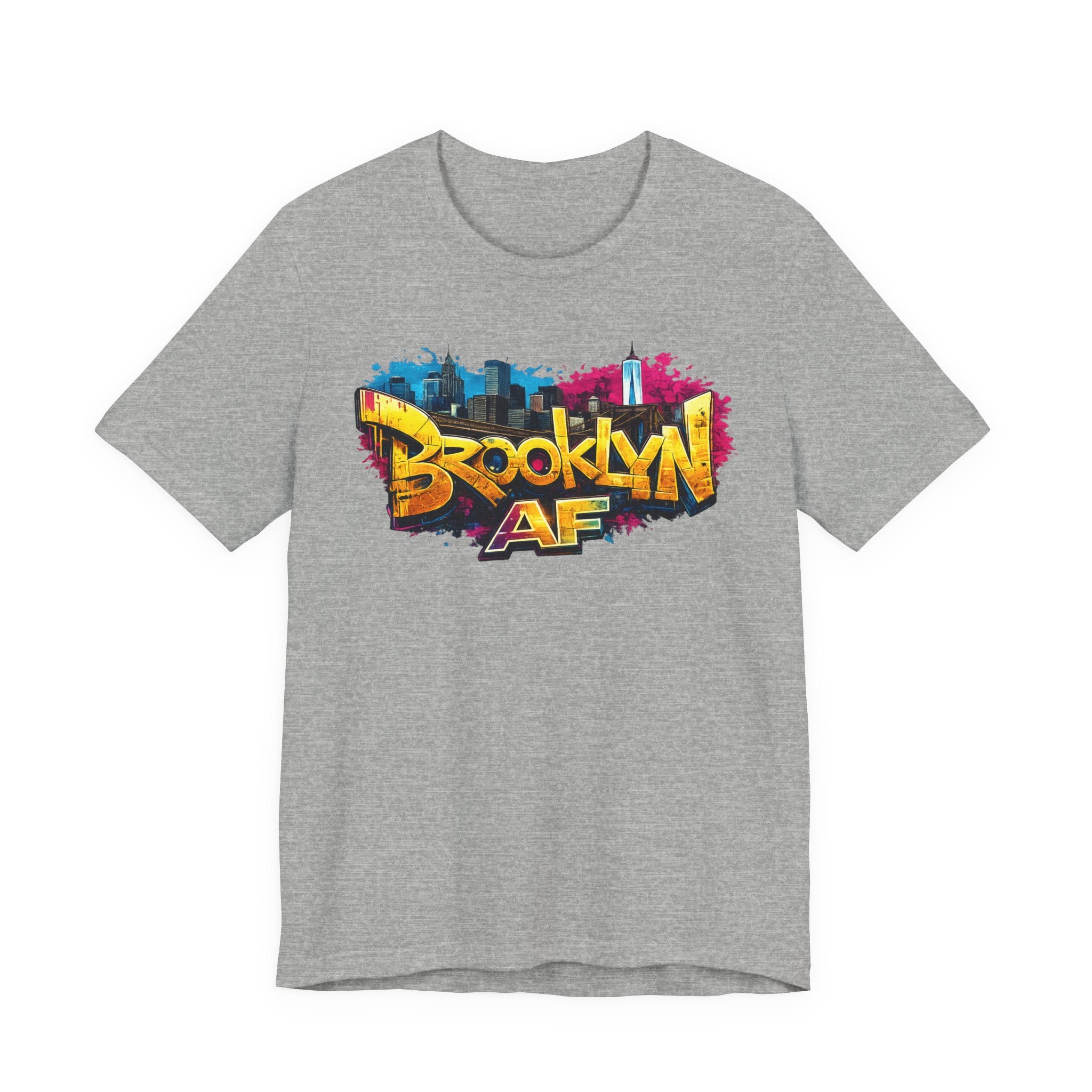 Athletic Heather t-shirt, front view flat lay, with graffiti-style Brooklyn AF lettering over a skyline paint splash.