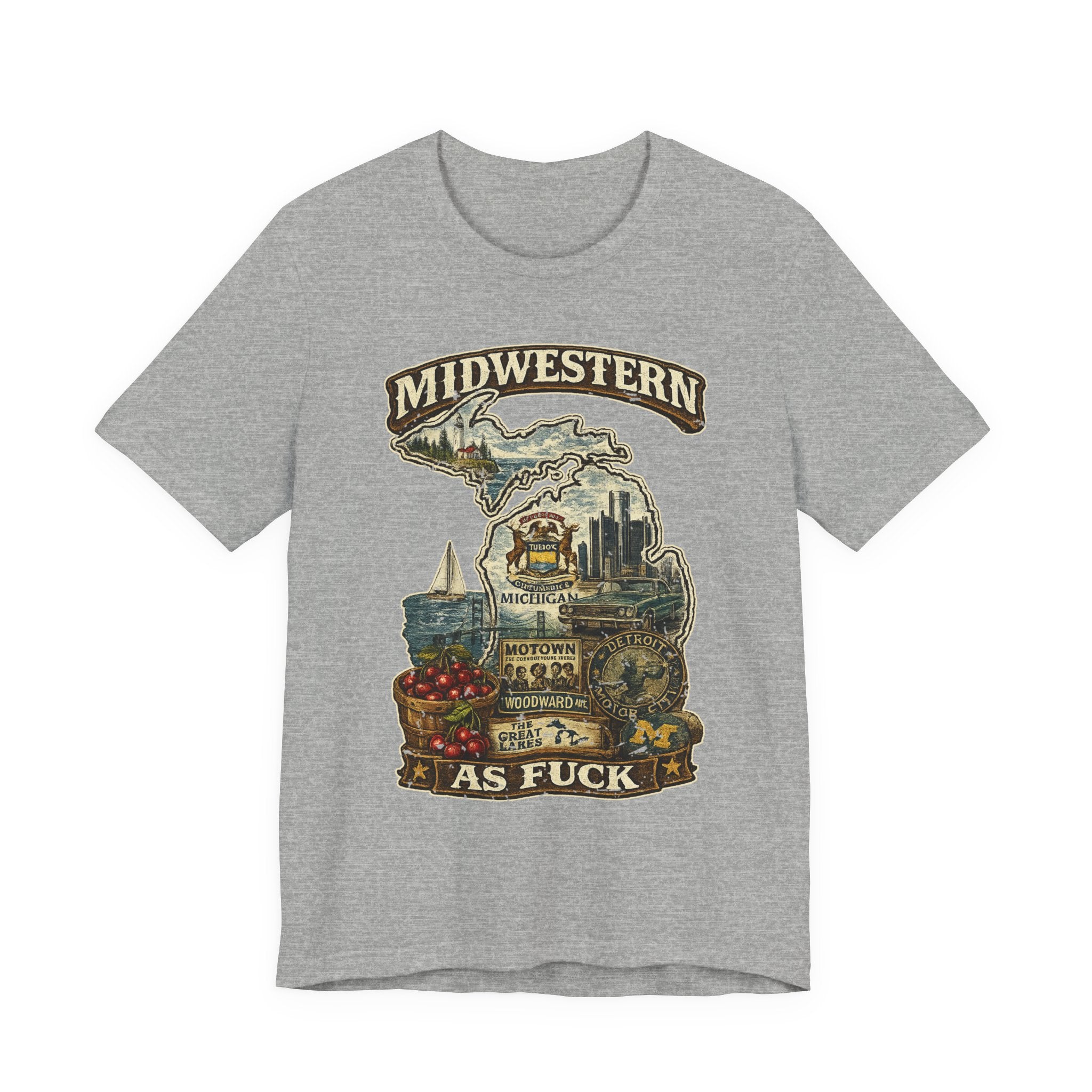 Midwestern As Fuck Michigan T-Shirt in Athletic Heather – a distressed vintage design featuring Michigan's Upper and Lower Peninsulas overlaid with the state outline, surrounded by Detroit's skyline, Woodward Avenue, the Great Lakes, and Traverse City cherries