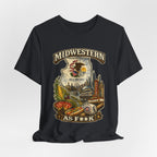 Slightly Salty Midwestern As F**K Illinois T-Shirt – product photo 28 featuring a distressed vintage design featuring the Illinois state outline overlaid with the state flag, surrounded by the Chicago skyline, the Chicago Theatre sign, The Bean, deep-dish pizza, a Chicago-style hot dog, and towering corn fields