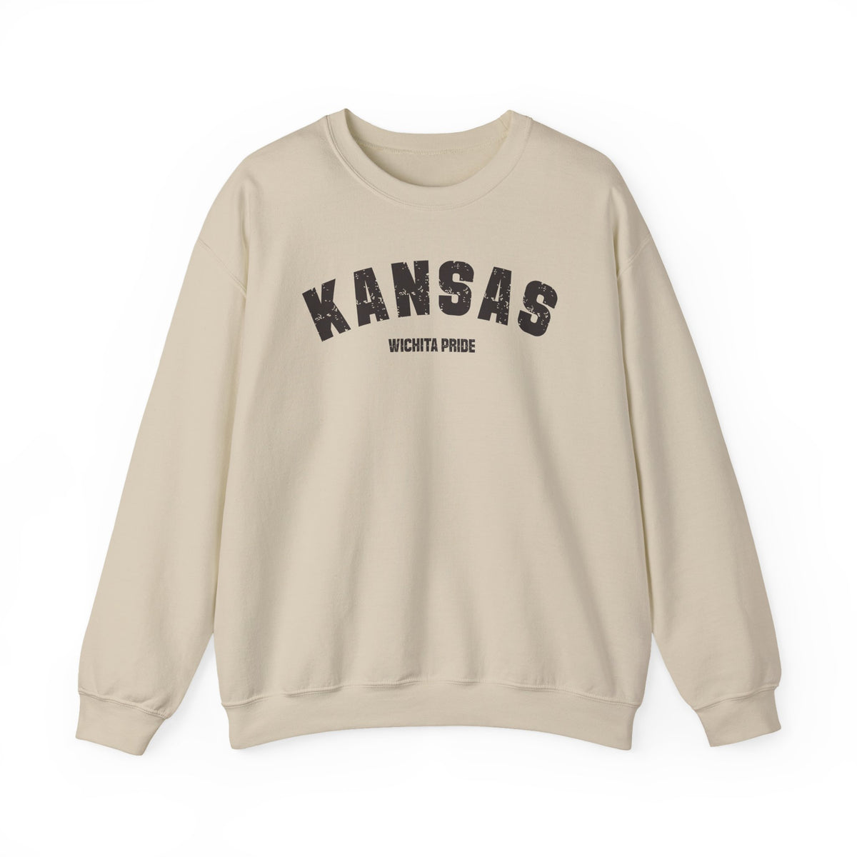 Sand Kansas hometown sweatshirt laid flat, dark varsity KANSAS arch over the words WICHITA PRIDE