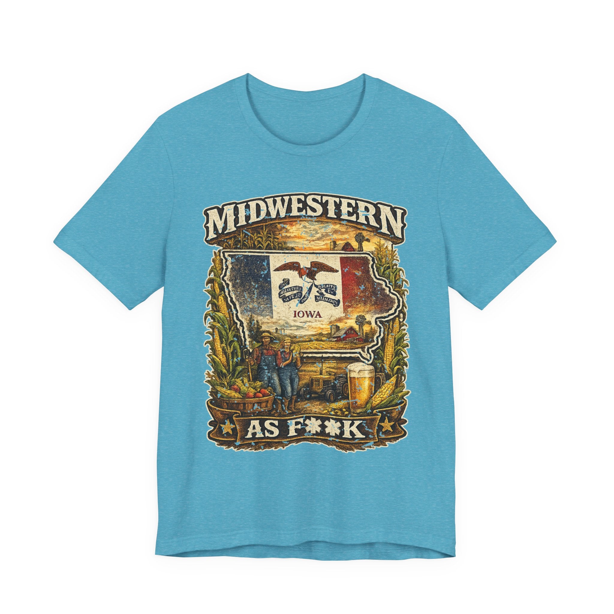 Slightly Salty Midwestern As F**K Iowa T-Shirt in Heather Aqua – a distressed vintage design featuring the outline of Iowa overlaid with the Iowa state flag, surrounded by towering corn stalks, rolling farmland, a classic red barn, a windmill, a tractor, and an overflowing harvest basket