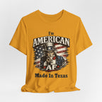 Mustard yellow flat lay tee with the Uncle Sam pointing graphic and 'Made In Texas' text