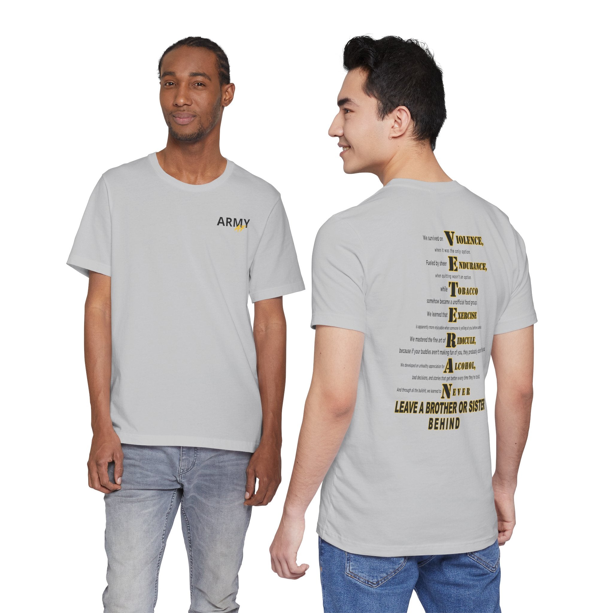 Two men wearing the Army veteran T-shirt in Solid Athletic Grey, showing the front and back prints