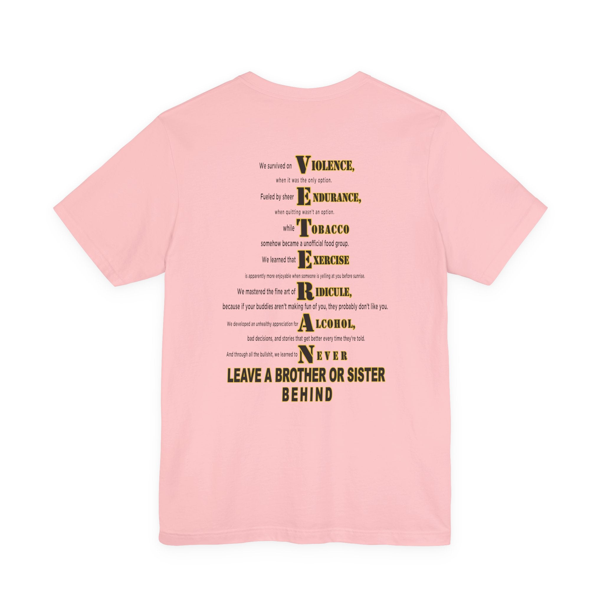 Army veteran T-shirt in Pink showing the VETERAN acrostic back print