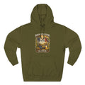 Midwestern As Fuck Iowa Hoodie in Army Green – a distressed vintage design featuring the outline of Iowa overlaid with the Iowa state flag, surrounded by towering corn stalks, rolling farmland, a classic red barn, a windmill, a tractor, and an overflowing harvest basket