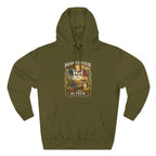 Midwestern As Fuck Iowa Hoodie in Army Green – a distressed vintage design featuring the outline of Iowa overlaid with the Iowa state flag, surrounded by towering corn stalks, rolling farmland, a classic red barn, a windmill, a tractor, and an overflowing harvest basket
