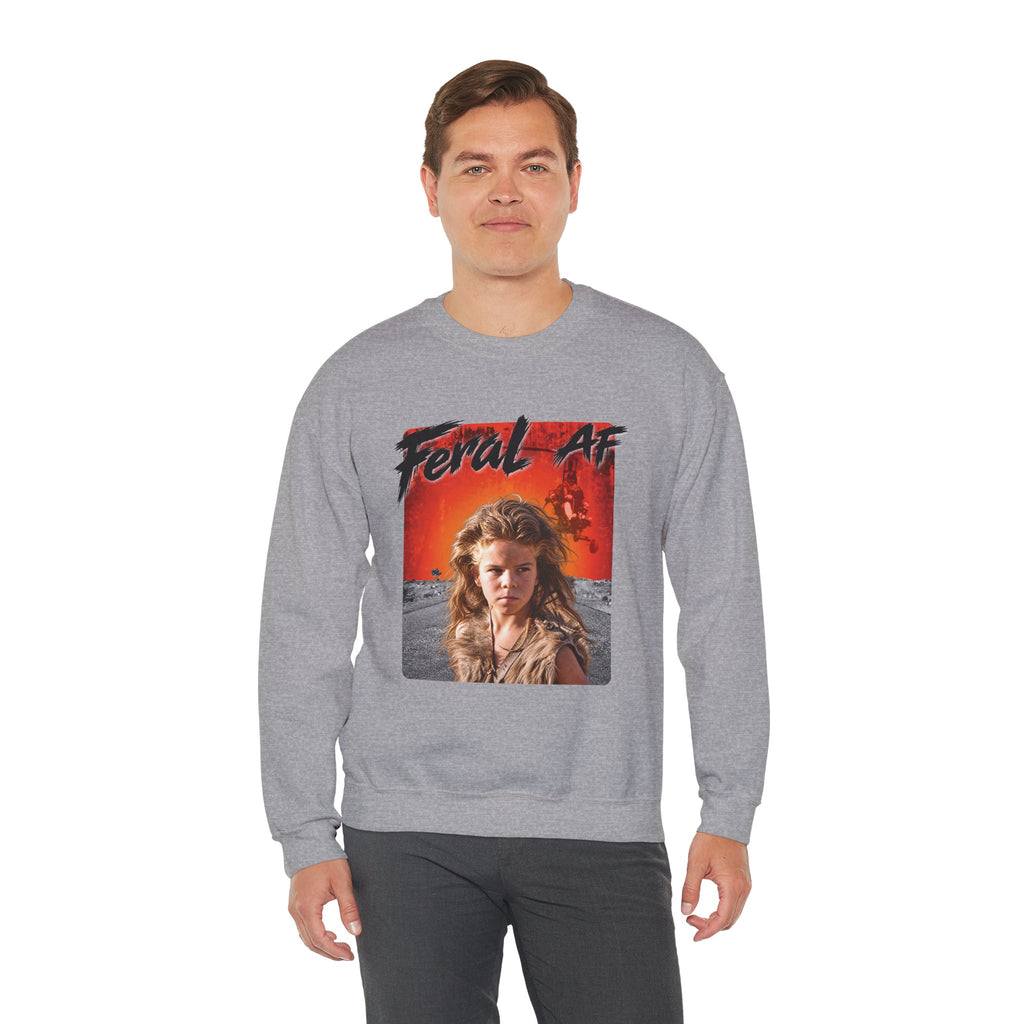 Man modelling the Sport Grey Feral AF crewneck straight on, the feral kid graphic in full view