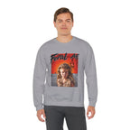 Man modelling the Sport Grey Feral AF crewneck straight on, the feral kid graphic in full view