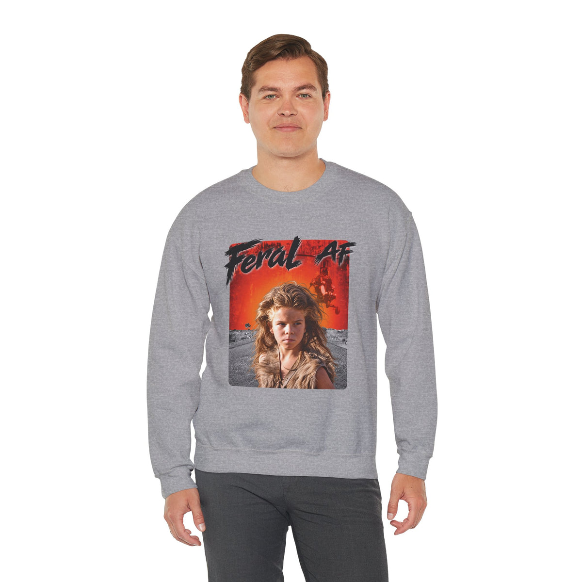 Man modelling the Sport Grey Feral AF crewneck straight on, the feral kid graphic in full view