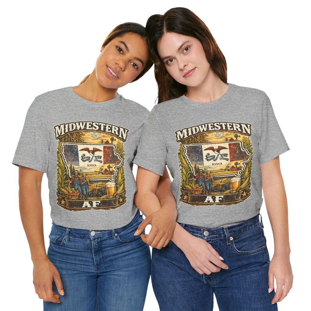 Family Friendly Midwestern AF Iowa T-Shirt – product photo 11 featuring a distressed vintage design featuring the outline of Iowa overlaid with the Iowa state flag, surrounded by towering corn stalks, rolling farmland, a classic red barn, a windmill, a tractor, and an overflowing harvest basket