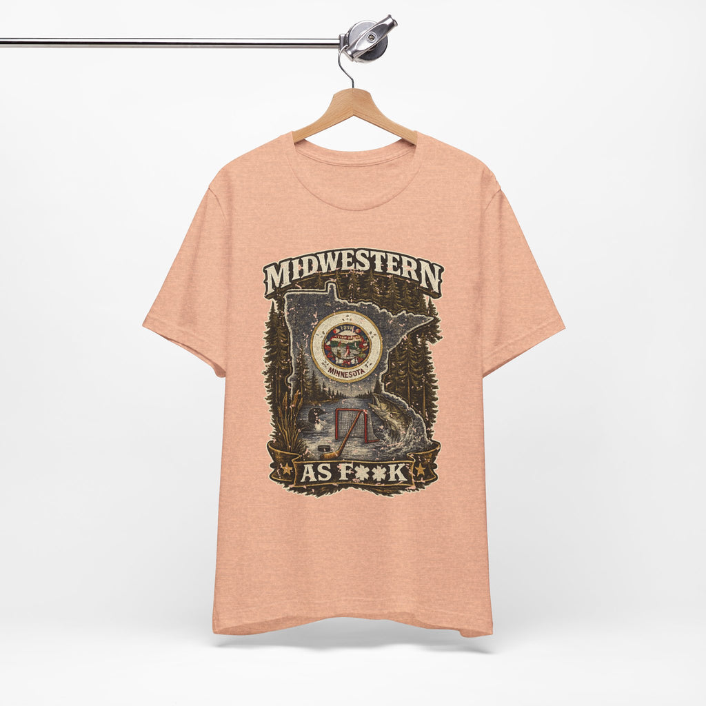 Slightly Salty Midwestern As F**K Minnesota T-Shirt – product photo 8 featuring the distressed state flag, pine trees, loon and walleye design