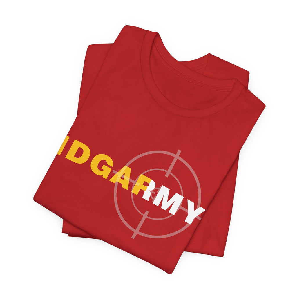 Red IDGAF Army tee folded at an angle, gold IDGAF overlapping white ARMY on the front