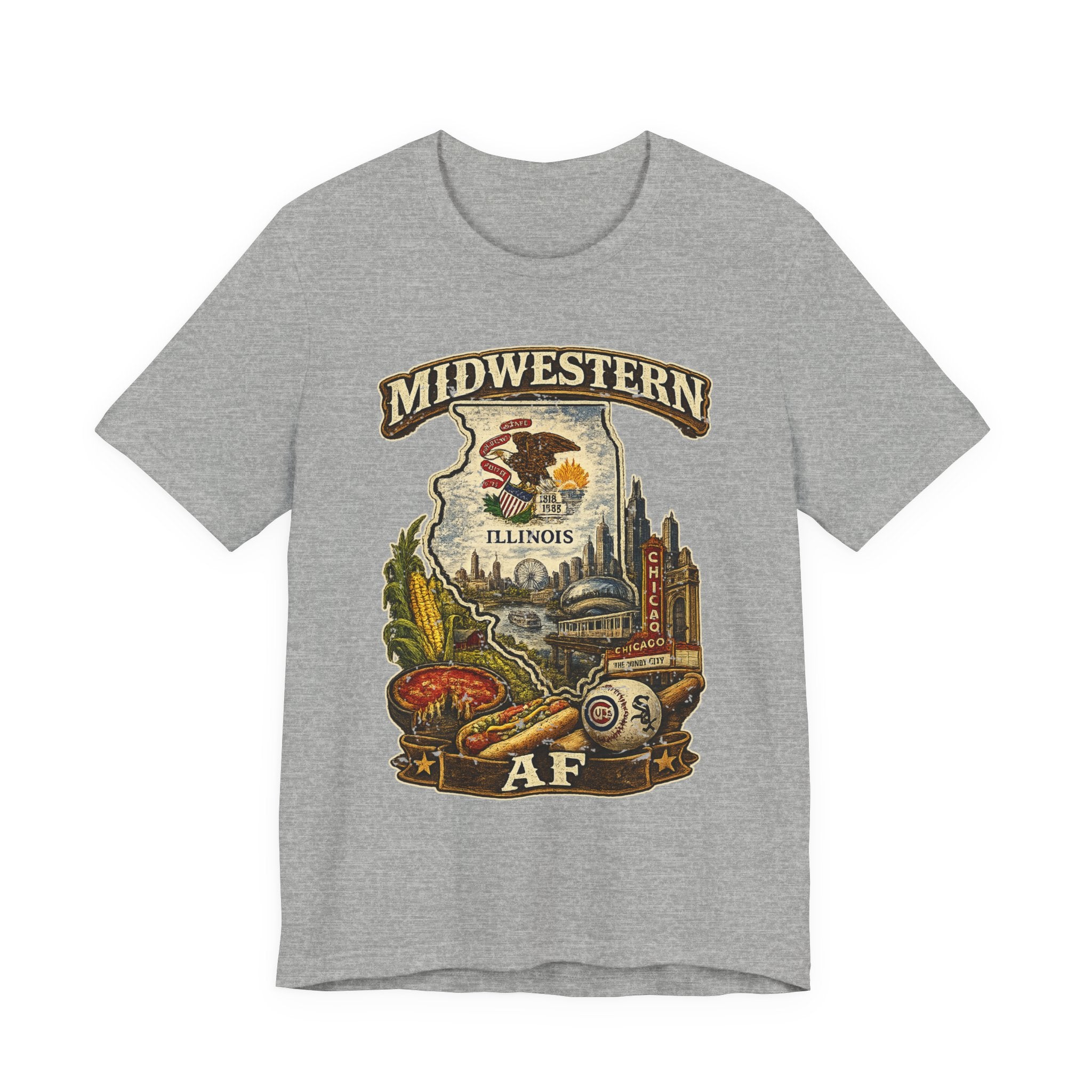 Family Friendly Midwestern AF Illinois T-Shirt in Athletic Heather – a distressed vintage design featuring the Illinois state outline overlaid with the state flag, surrounded by the Chicago skyline, the Chicago Theatre sign, The Bean, deep-dish pizza, a Chicago-style hot dog, and towering corn fields