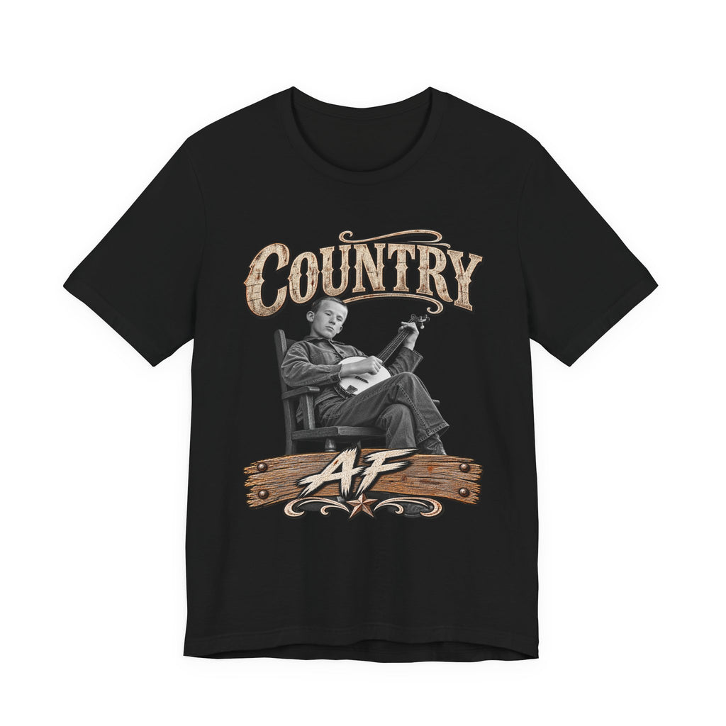 Black Country AF tee laid flat with the vintage banjo-player front print