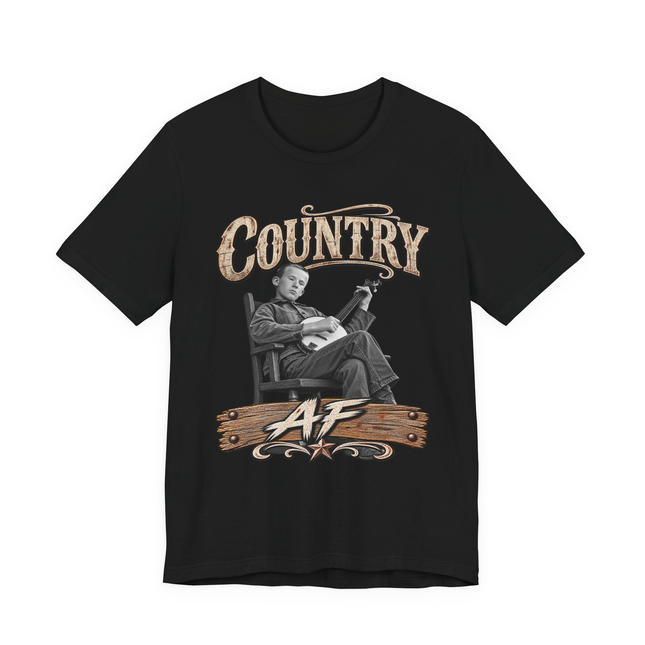 Black Country AF tee laid flat with the vintage banjo-player front print