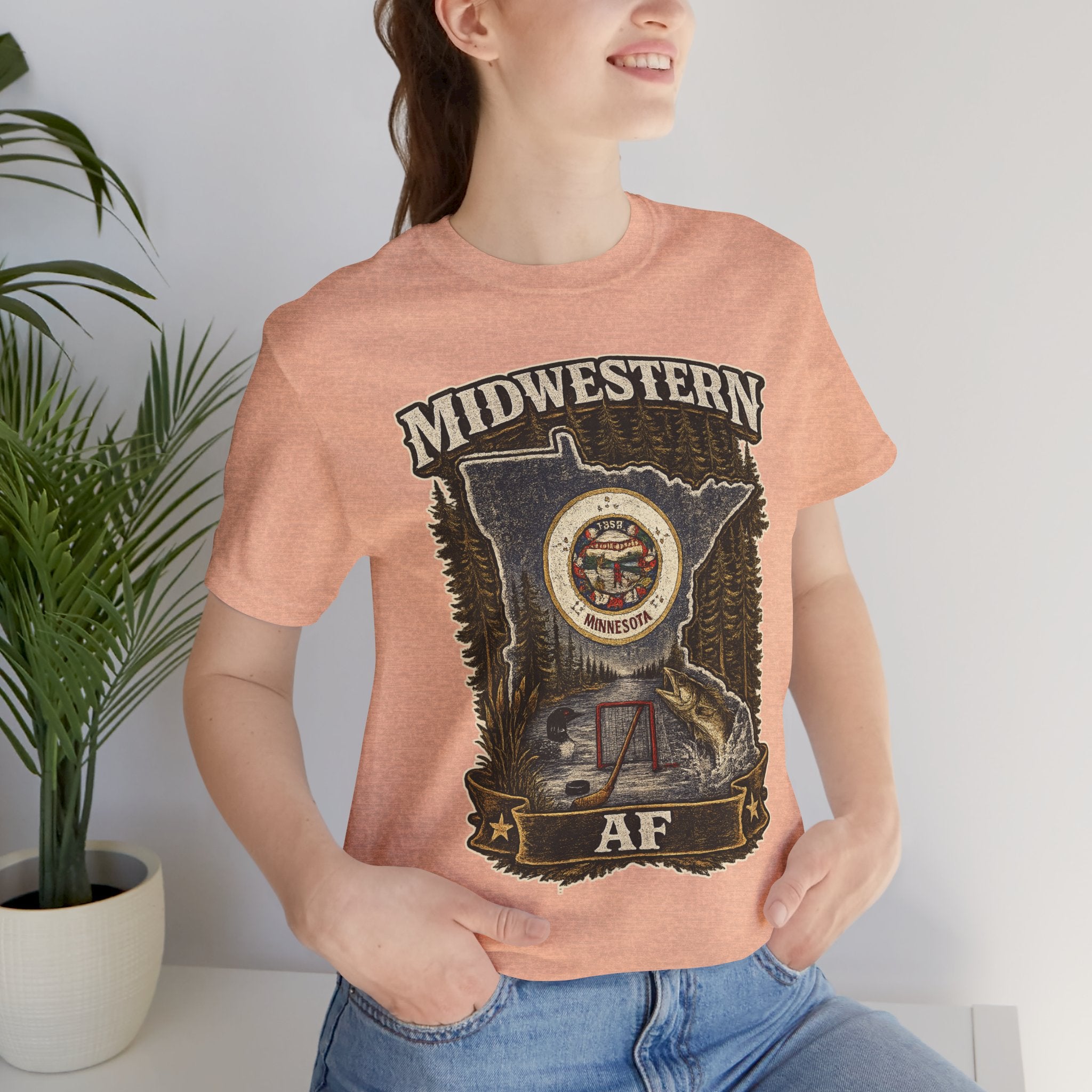 Family Friendly Midwestern AF Minnesota T-Shirt – product photo 8 featuring the distressed state flag, pine trees, loon and walleye design