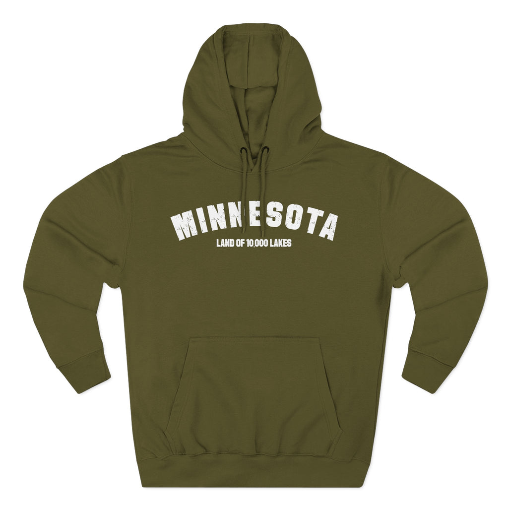 Army green Minnesota hoodie laid flat, white varsity MINNESOTA above LAND OF 10,000 LAKES