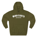Army green Minnesota hoodie laid flat, white varsity MINNESOTA above LAND OF 10,000 LAKES