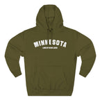 Army green Minnesota hoodie laid flat, white varsity MINNESOTA above LAND OF 10,000 LAKES