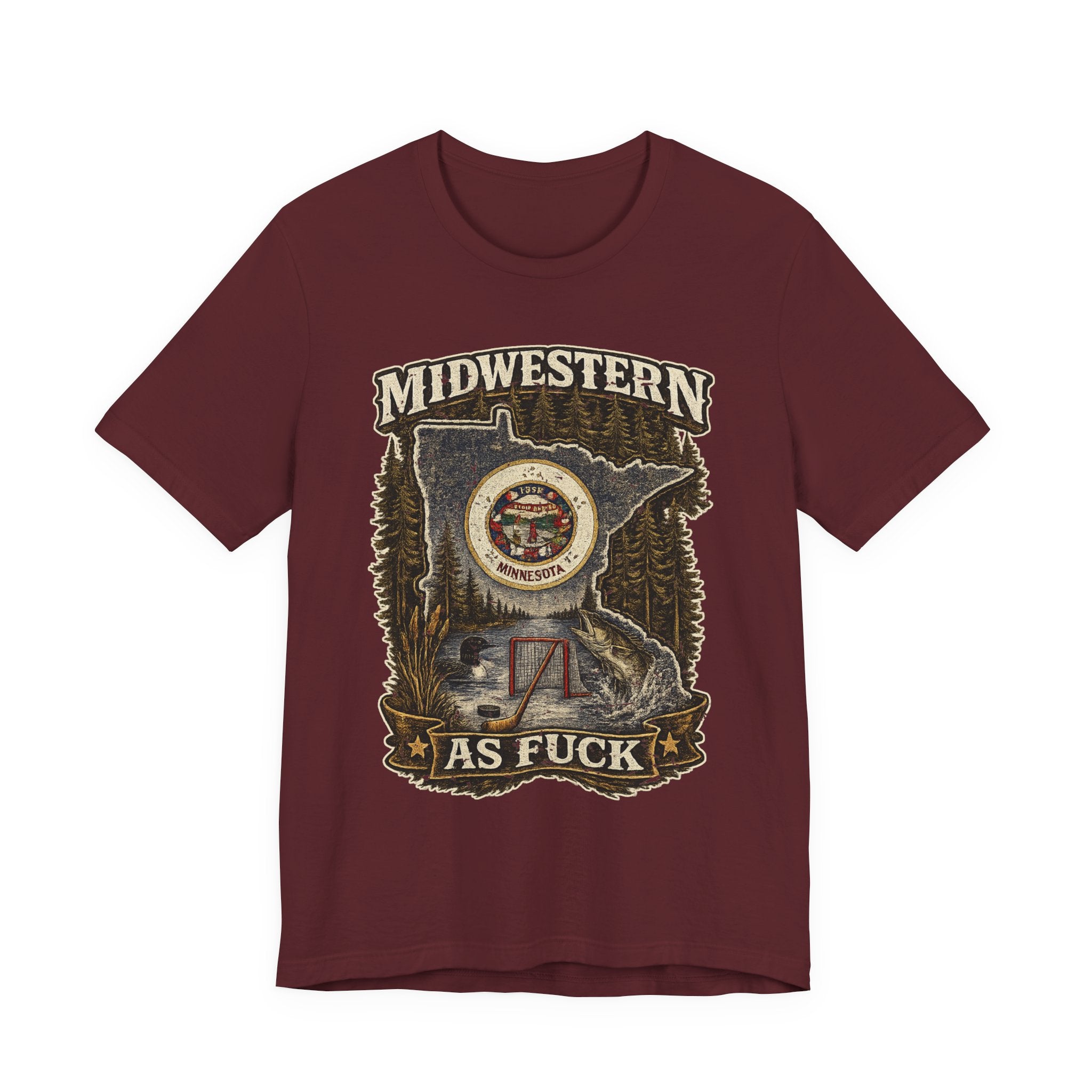 No Filter Midwestern As Fuck Minnesota T-Shirt in Maroon – distressed Minnesota state flag design with pine trees, loon and walleye