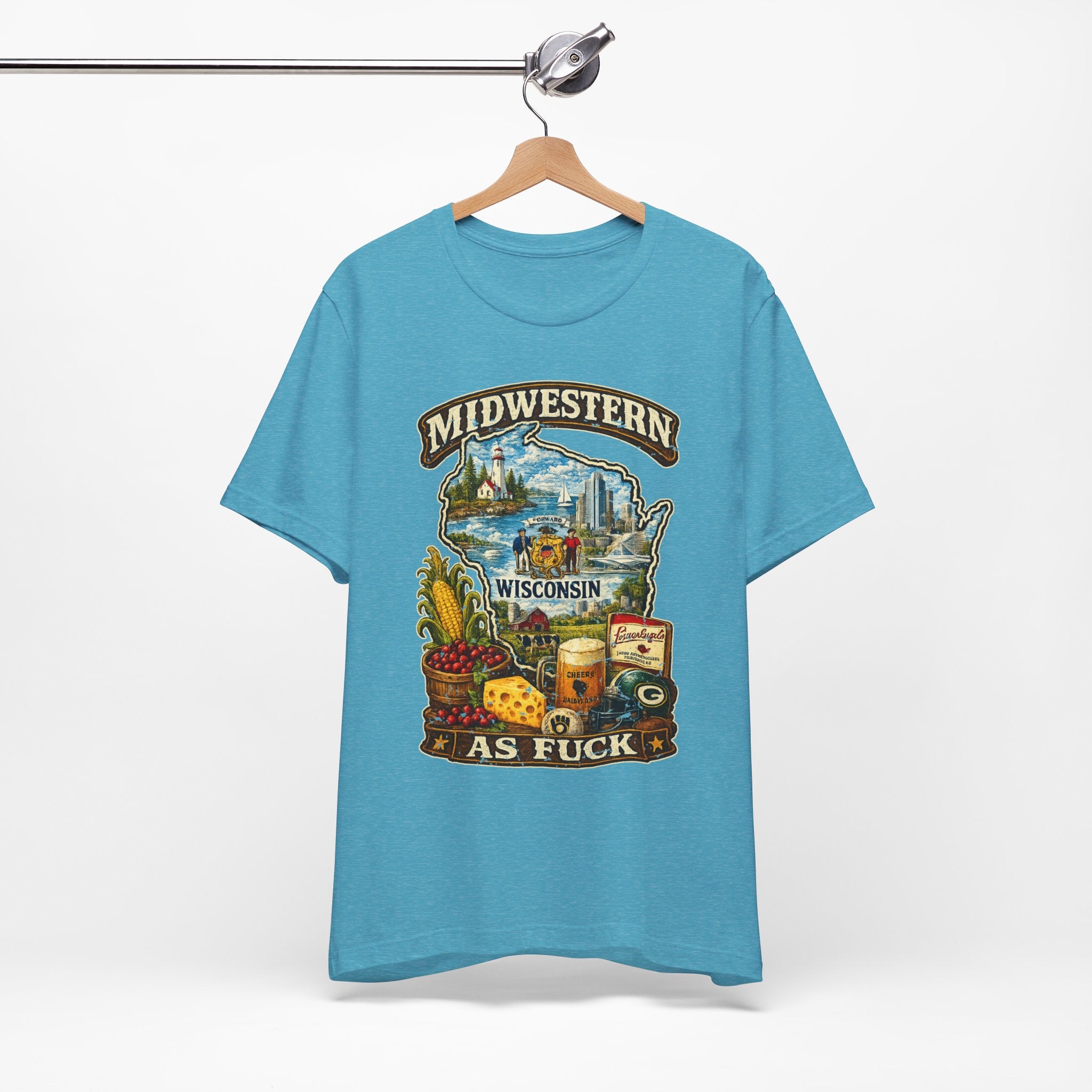 Midwestern As Fuck Wisconsin T-Shirt | Funny Wisconsin Pride Tee | Bella + Canvas 3001 | Vintage Cheesehead State Shirt