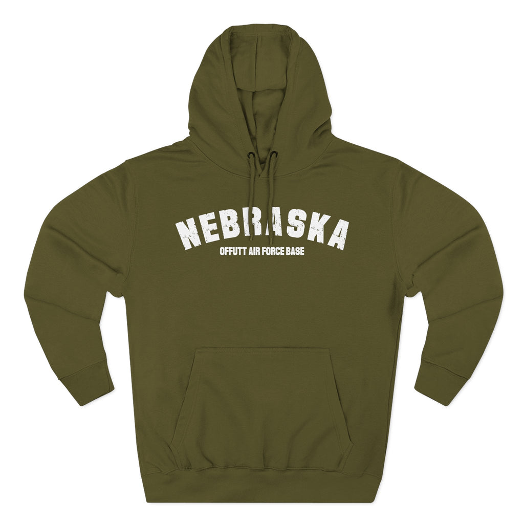 Army Green Nebraska hoodie laid flat with OFFUTT AIR FORCE BASE as the custom second line