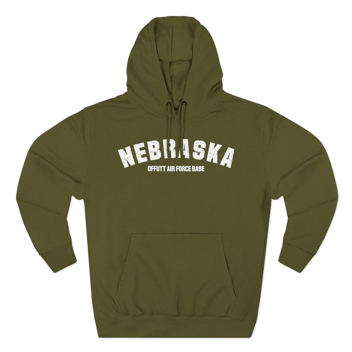 Army Green Nebraska hoodie laid flat with OFFUTT AIR FORCE BASE as the custom second line