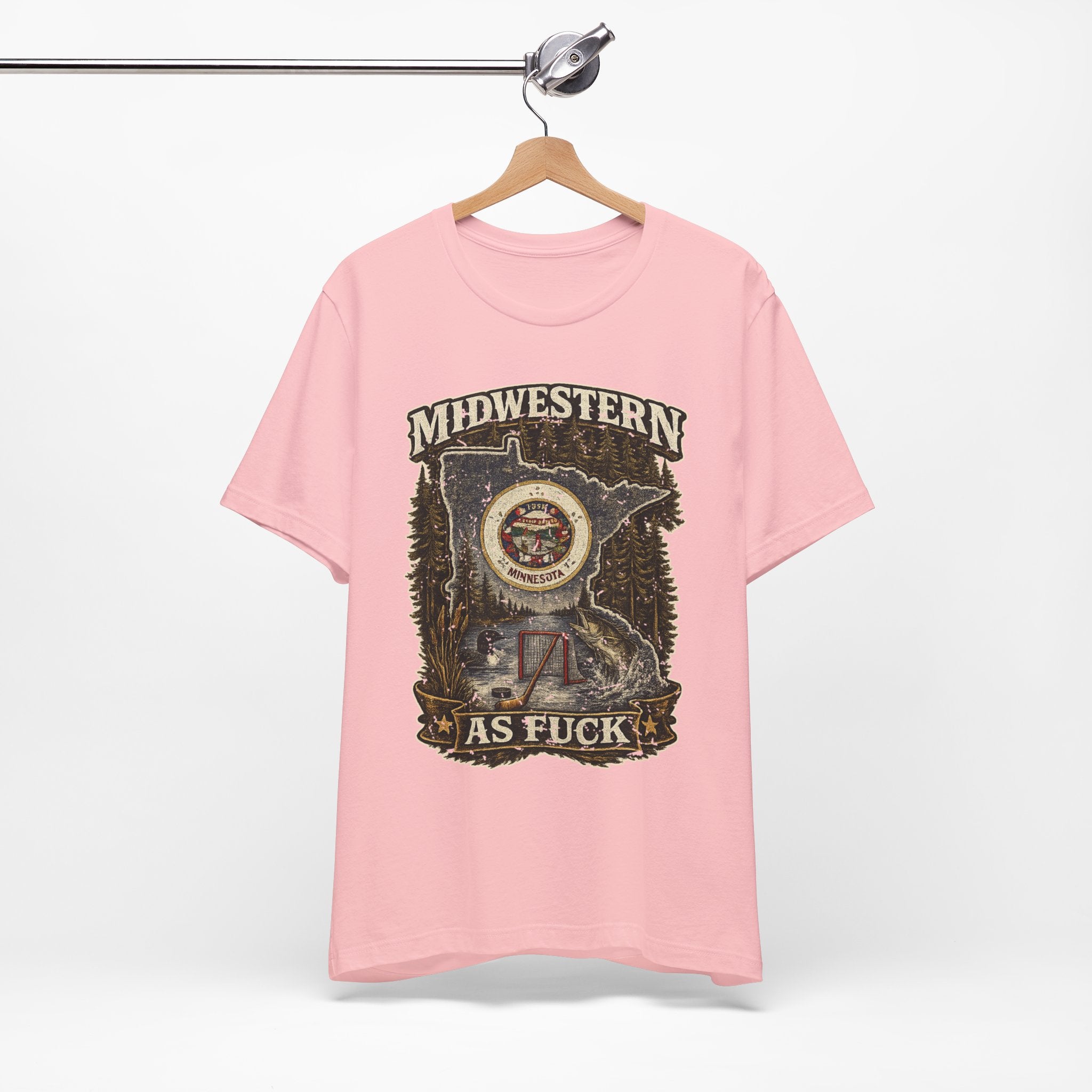 No Filter Midwestern As Fuck Minnesota T-Shirt – product photo 16 featuring the distressed state flag, pine trees, loon and walleye design