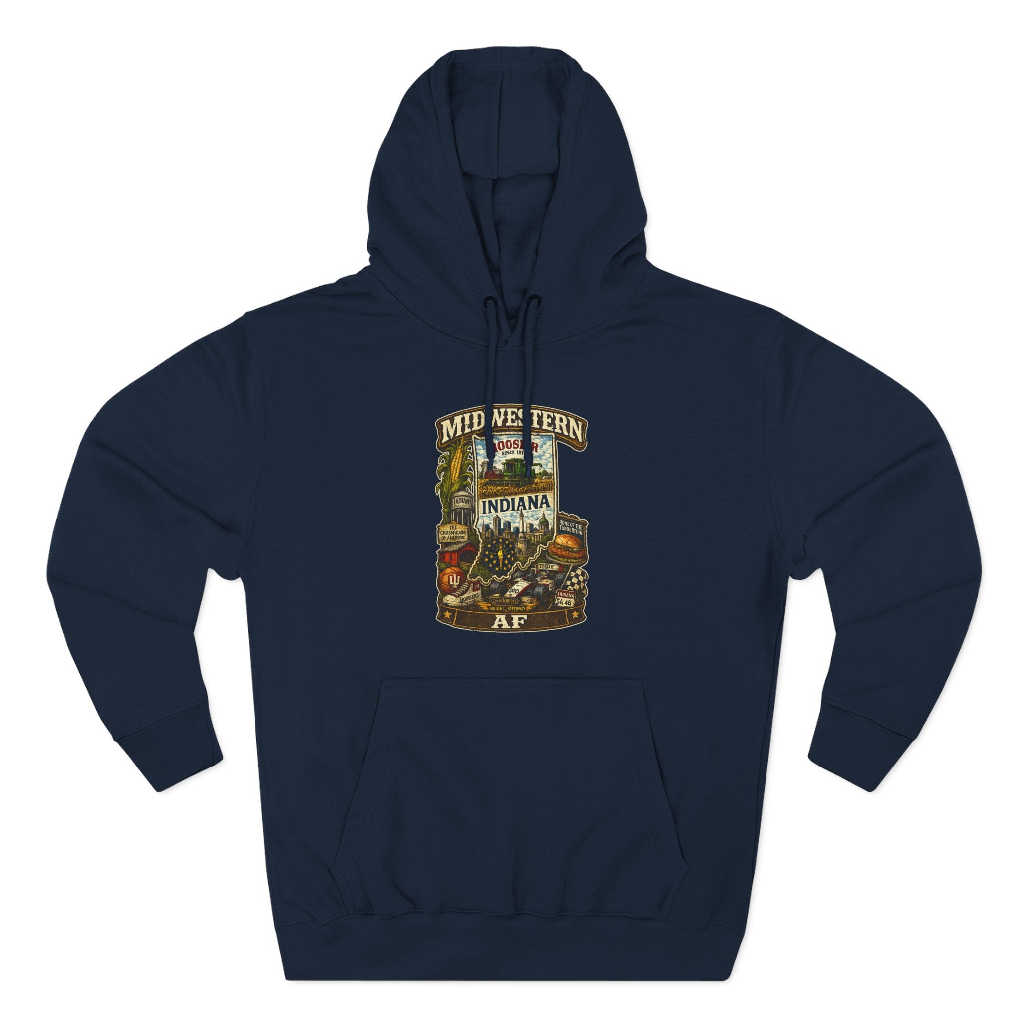 Navy Midwestern AF Indiana Hoodie, family friendly Hoosier State pride pullover