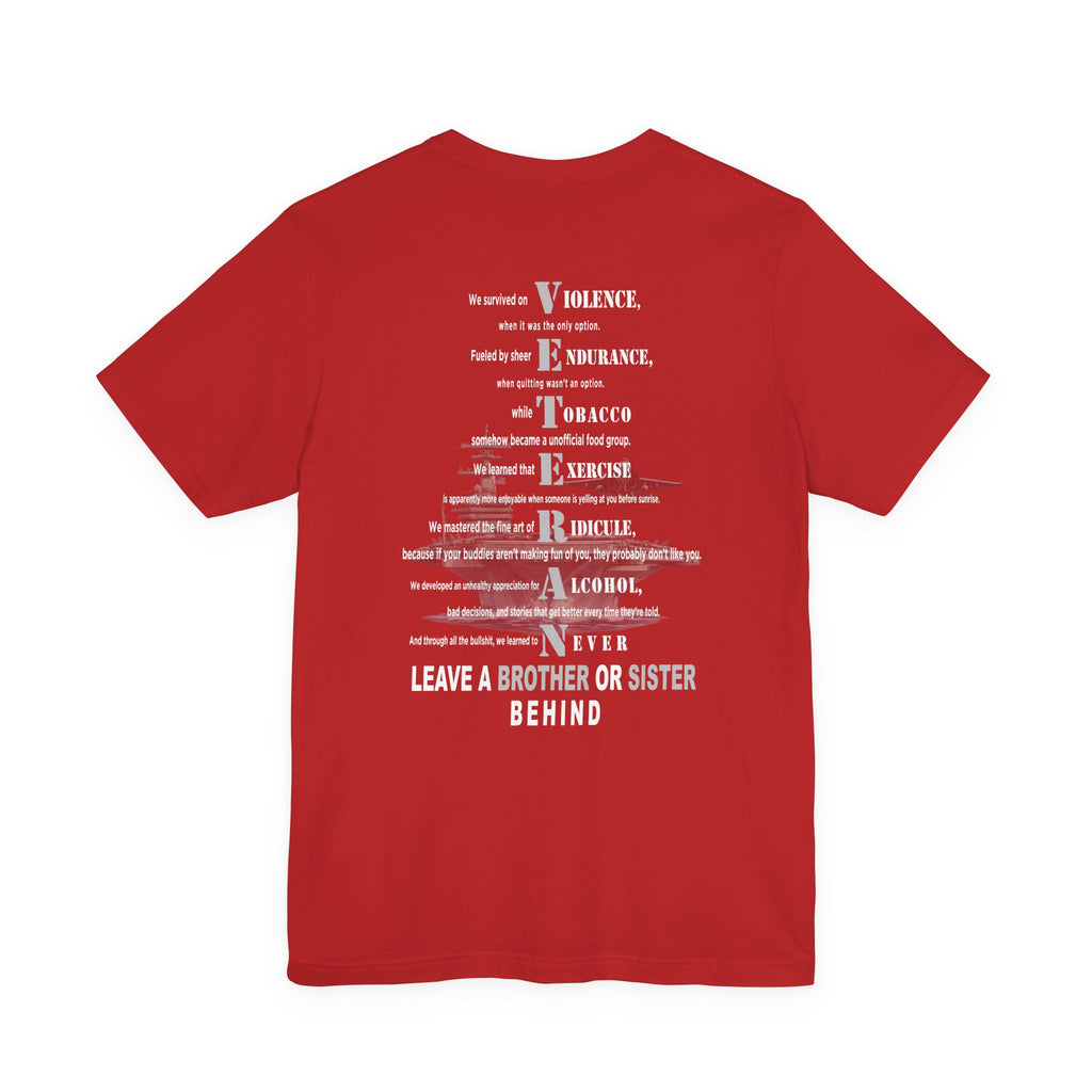 Navy veteran tee in Red with the VETERAN acrostic back print over a faded aircraft carrier