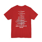 Navy veteran tee in Red with the VETERAN acrostic back print over a faded aircraft carrier