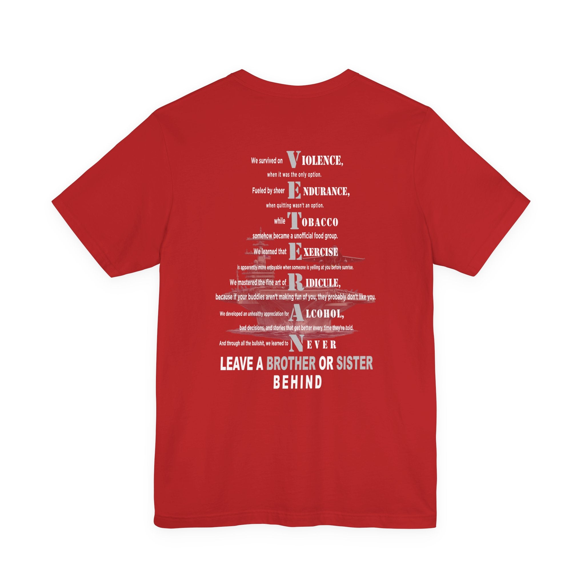 Navy veteran tee in Red with the VETERAN acrostic back print over a faded aircraft carrier